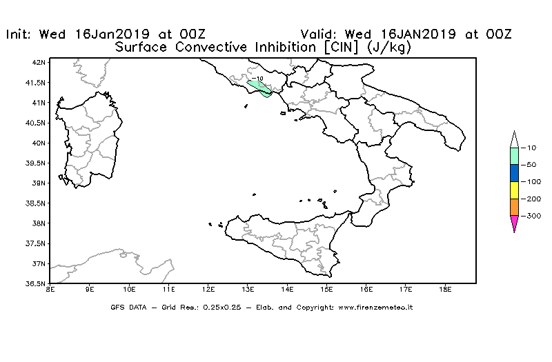 Mappa di analisi GFS - CIN [J/kg] in Sud-Italia
							del 16/01/2019 00 <!--googleoff: index-->UTC<!--googleon: index-->
