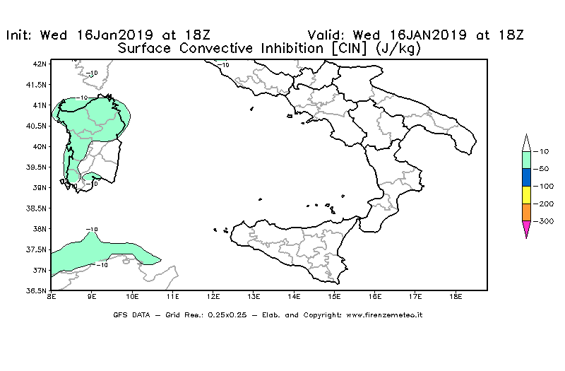 Mappa di analisi GFS - CIN [J/kg] in Sud-Italia
							del 16/01/2019 18 <!--googleoff: index-->UTC<!--googleon: index-->