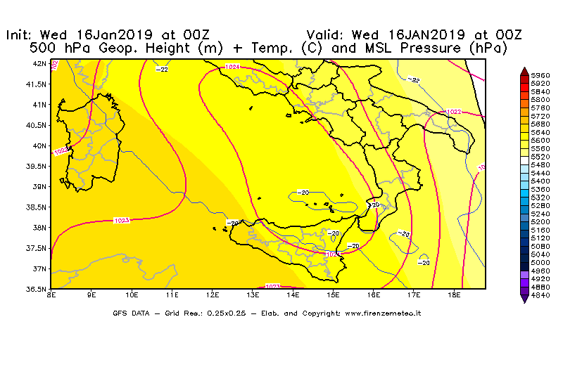 Mappa di analisi GFS - Geopotenziale [m] + Temp. [°C] a 500 hPa + Press. a livello del mare [hPa] in Sud-Italia
							del 16/01/2019 00 <!--googleoff: index-->UTC<!--googleon: index-->