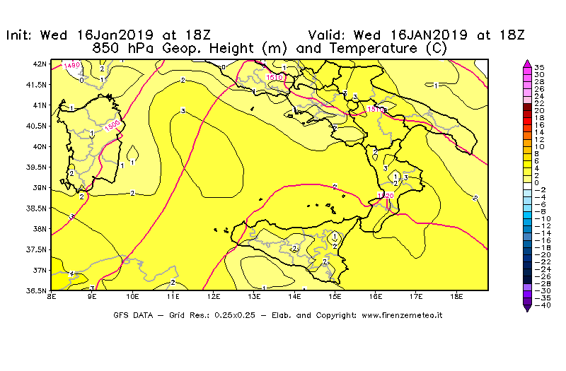 Mappa di analisi GFS - Geopotenziale [m] e Temperatura [°C] a 850 hPa in Sud-Italia
							del 16/01/2019 18 <!--googleoff: index-->UTC<!--googleon: index-->