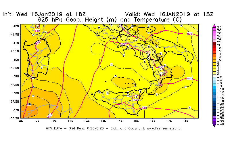 Mappa di analisi GFS - Geopotenziale [m] e Temperatura [°C] a 925 hPa in Sud-Italia
							del 16/01/2019 18 <!--googleoff: index-->UTC<!--googleon: index-->