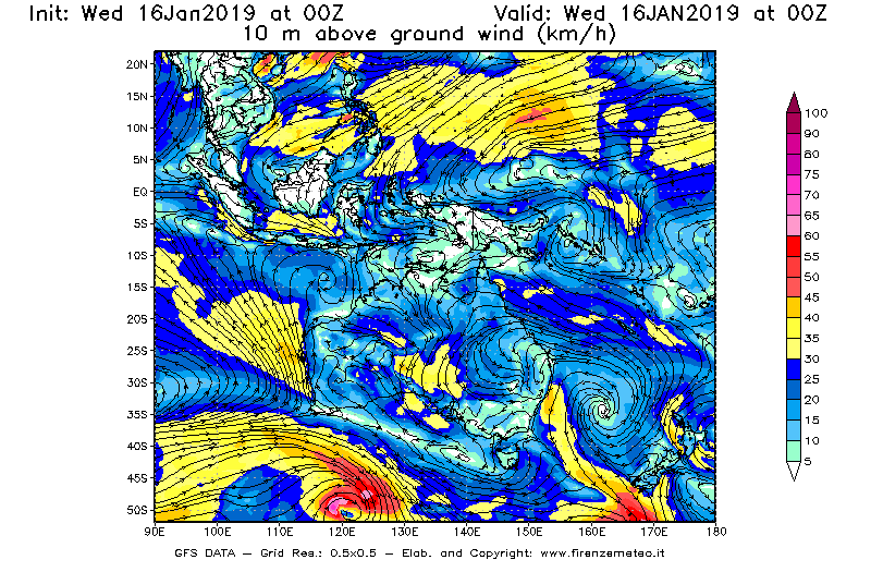Mappa di analisi GFS - Velocità del vento a 10 metri dal suolo [km/h] in Oceania
							del 16/01/2019 00 <!--googleoff: index-->UTC<!--googleon: index-->