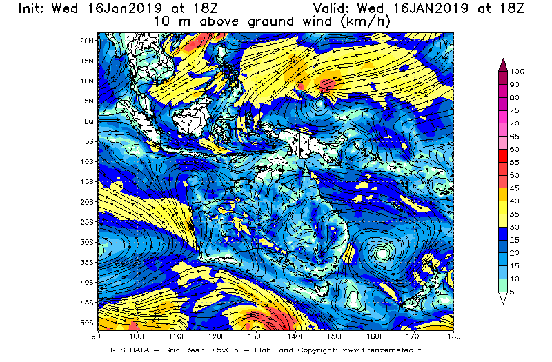 Mappa di analisi GFS - Velocità del vento a 10 metri dal suolo [km/h] in Oceania
							del 16/01/2019 18 <!--googleoff: index-->UTC<!--googleon: index-->