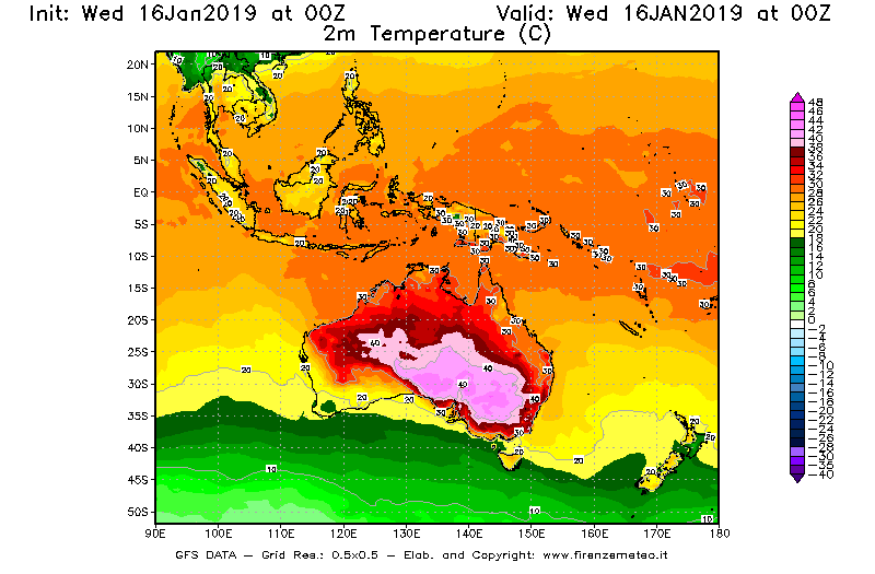Mappa di analisi GFS - Temperatura a 2 metri dal suolo [°C] in Oceania
							del 16/01/2019 00 <!--googleoff: index-->UTC<!--googleon: index-->