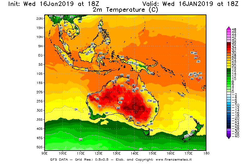 Mappa di analisi GFS - Temperatura a 2 metri dal suolo [°C] in Oceania
							del 16/01/2019 18 <!--googleoff: index-->UTC<!--googleon: index-->