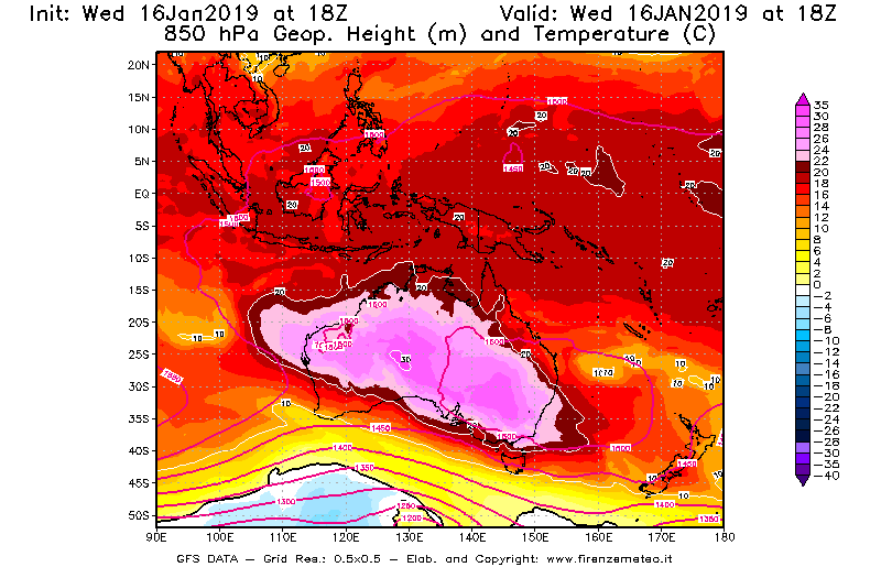 Mappa di analisi GFS - Geopotenziale [m] e Temperatura [°C] a 850 hPa in Oceania
							del 16/01/2019 18 <!--googleoff: index-->UTC<!--googleon: index-->