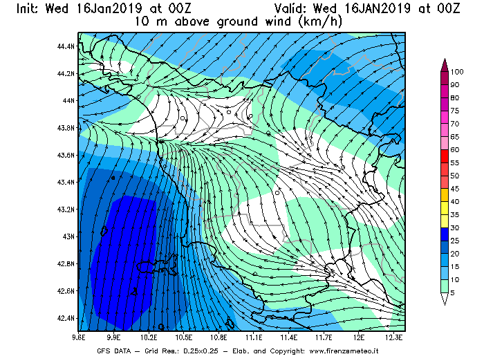 Mappa di analisi GFS - Velocità del vento a 10 metri dal suolo [km/h] in Toscana
							del 16/01/2019 00 <!--googleoff: index-->UTC<!--googleon: index-->
