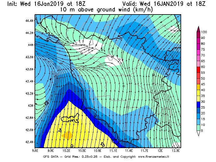 Mappa di analisi GFS - Velocità del vento a 10 metri dal suolo [km/h] in Toscana
							del 16/01/2019 18 <!--googleoff: index-->UTC<!--googleon: index-->