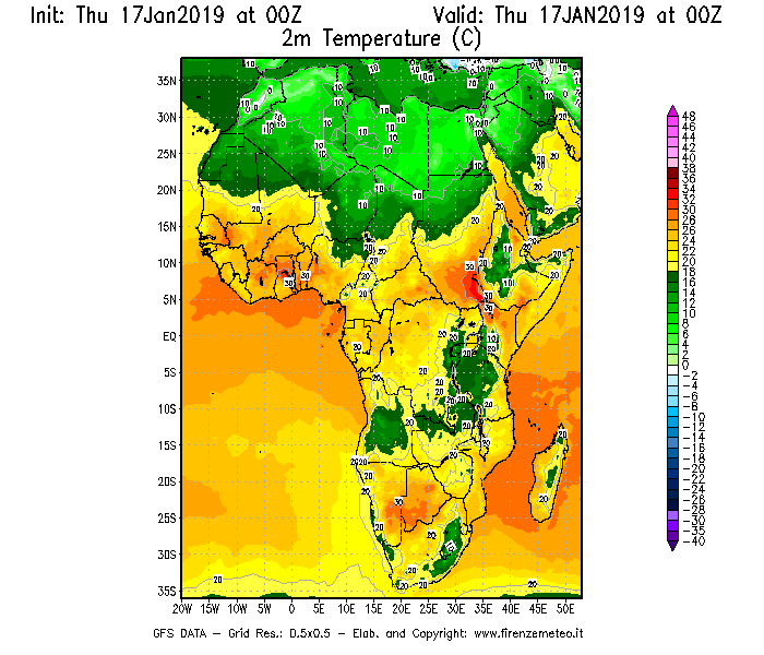 Mappa di analisi GFS - Temperatura a 2 metri dal suolo [°C] in Africa
							del 17/01/2019 00 <!--googleoff: index-->UTC<!--googleon: index-->