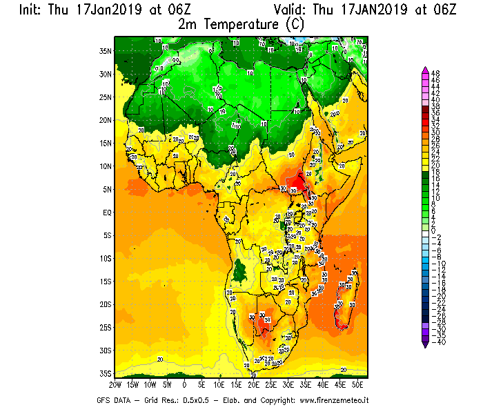 Mappa di analisi GFS - Temperatura a 2 metri dal suolo [°C] in Africa
									del 17/01/2019 06 <!--googleoff: index-->UTC<!--googleon: index-->