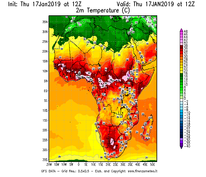 Mappa di analisi GFS - Temperatura a 2 metri dal suolo [°C] in Africa
									del 17/01/2019 12 <!--googleoff: index-->UTC<!--googleon: index-->