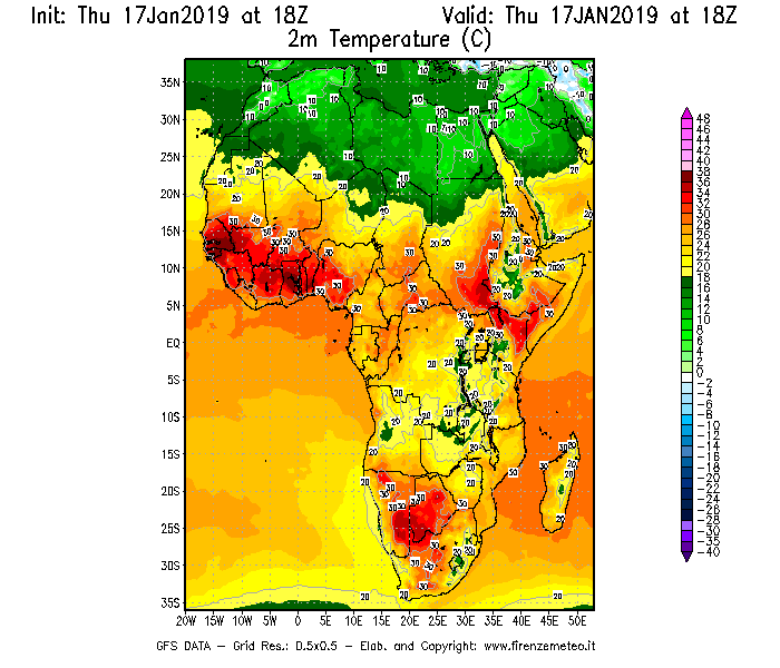 Mappa di analisi GFS - Temperatura a 2 metri dal suolo [°C] in Africa
							del 17/01/2019 18 <!--googleoff: index-->UTC<!--googleon: index-->