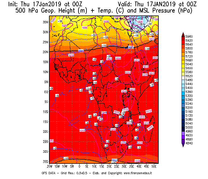 Mappa di analisi GFS - Geopotenziale [m] + Temp. [°C] a 500 hPa + Press. a livello del mare [hPa] in Africa
							del 17/01/2019 00 <!--googleoff: index-->UTC<!--googleon: index-->