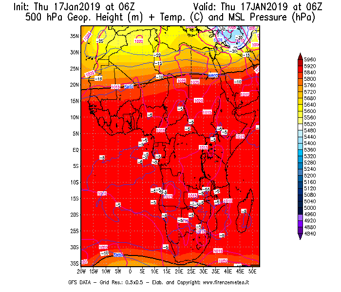 Mappa di analisi GFS - Geopotenziale [m] + Temp. [°C] a 500 hPa + Press. a livello del mare [hPa] in Africa
							del 17/01/2019 06 <!--googleoff: index-->UTC<!--googleon: index-->