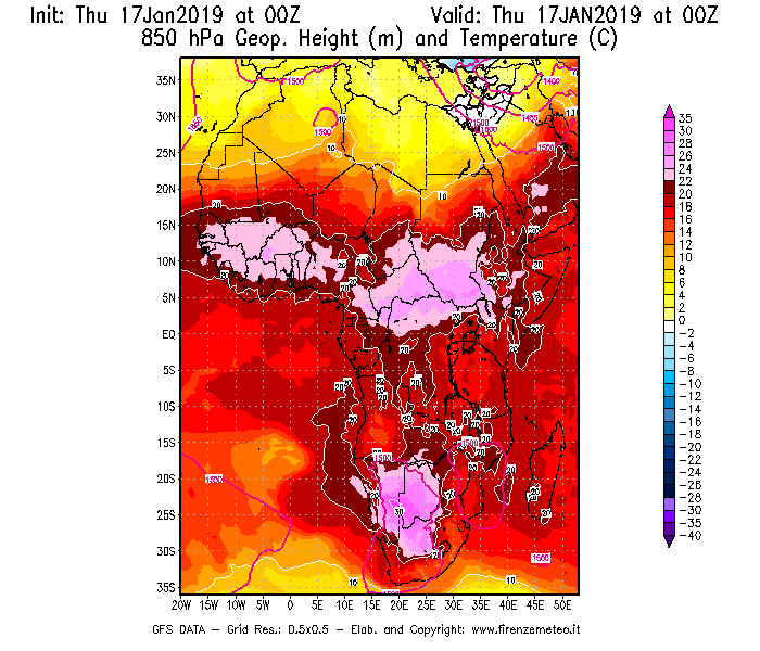 Mappa di analisi GFS - Geopotenziale [m] e Temperatura [°C] a 850 hPa in Africa
							del 17/01/2019 00 <!--googleoff: index-->UTC<!--googleon: index-->