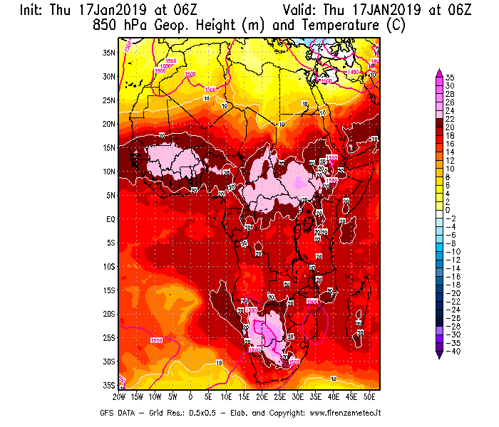Mappa di analisi GFS - Geopotenziale [m] e Temperatura [°C] a 850 hPa in Africa
									del 17/01/2019 06 <!--googleoff: index-->UTC<!--googleon: index-->
