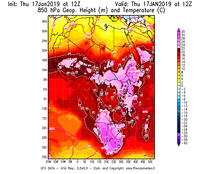 Mappa di analisi GFS - Geopotenziale [m] e Temperatura [°C] a 850 hPa in Africa
							del 17/01/2019 12 <!--googleoff: index-->UTC<!--googleon: index-->