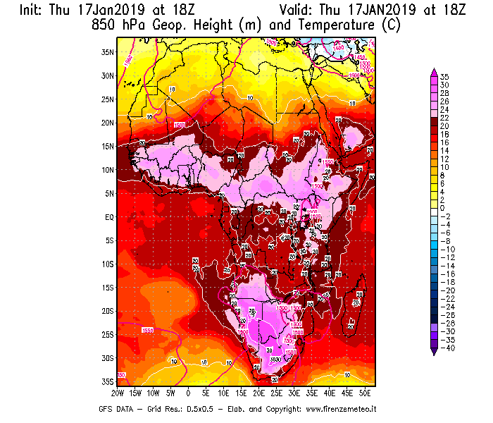 Mappa di analisi GFS - Geopotenziale [m] e Temperatura [°C] a 850 hPa in Africa
									del 17/01/2019 18 <!--googleoff: index-->UTC<!--googleon: index-->