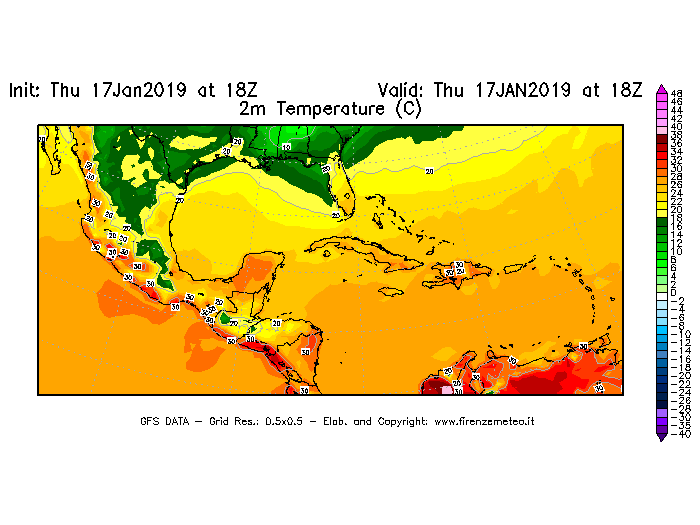 Mappa di analisi GFS - Temperatura a 2 metri dal suolo [°C] in Centro-America
							del 17/01/2019 18 <!--googleoff: index-->UTC<!--googleon: index-->
