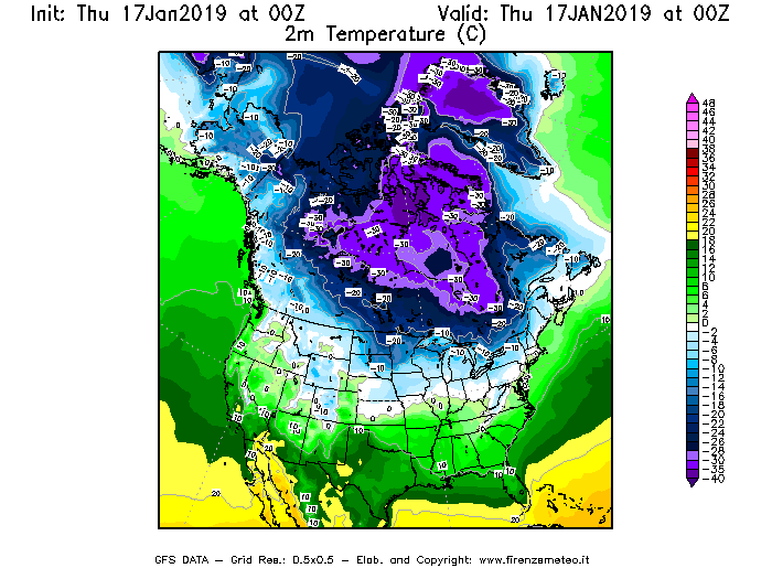 Mappa di analisi GFS - Temperatura a 2 metri dal suolo [°C] in Nord-America
							del 17/01/2019 00 <!--googleoff: index-->UTC<!--googleon: index-->