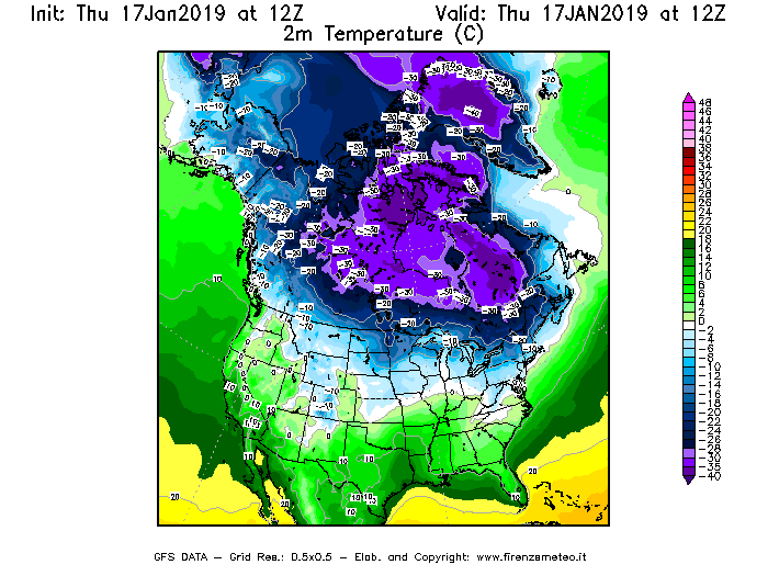 Mappa di analisi GFS - Temperatura a 2 metri dal suolo [°C] in Nord-America
							del 17/01/2019 12 <!--googleoff: index-->UTC<!--googleon: index-->