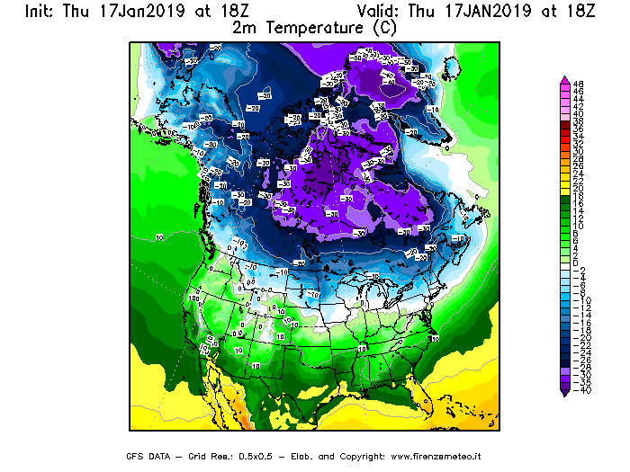 Mappa di analisi GFS - Temperatura a 2 metri dal suolo [°C] in Nord-America
									del 17/01/2019 18 <!--googleoff: index-->UTC<!--googleon: index-->
