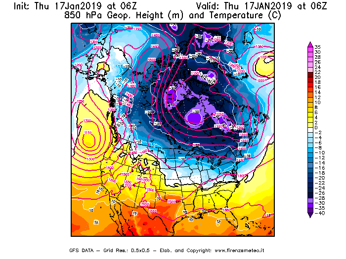Mappa di analisi GFS - Geopotenziale [m] e Temperatura [°C] a 850 hPa in Nord-America
							del 17/01/2019 06 <!--googleoff: index-->UTC<!--googleon: index-->