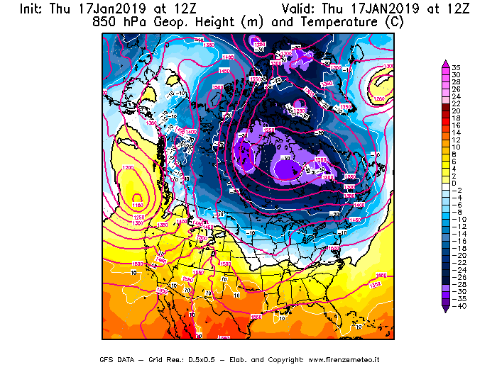 Mappa di analisi GFS - Geopotenziale [m] e Temperatura [°C] a 850 hPa in Nord-America
									del 17/01/2019 12 <!--googleoff: index-->UTC<!--googleon: index-->