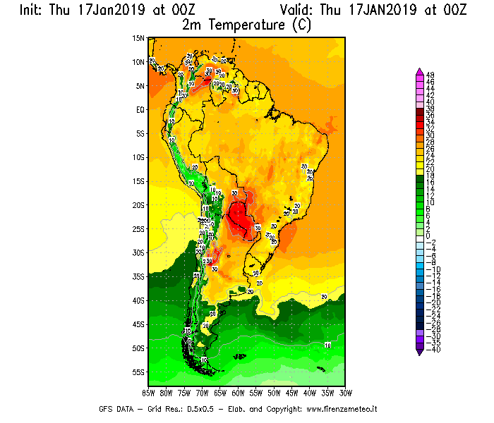 Mappa di analisi GFS - Temperatura a 2 metri dal suolo [°C] in Sud-America
							del 17/01/2019 00 <!--googleoff: index-->UTC<!--googleon: index-->