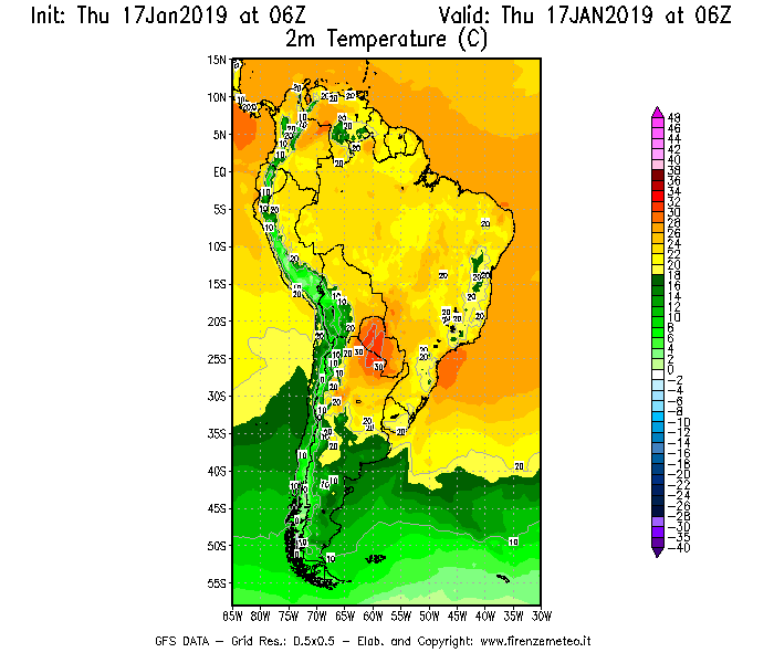 Mappa di analisi GFS - Temperatura a 2 metri dal suolo [°C] in Sud-America
							del 17/01/2019 06 <!--googleoff: index-->UTC<!--googleon: index-->