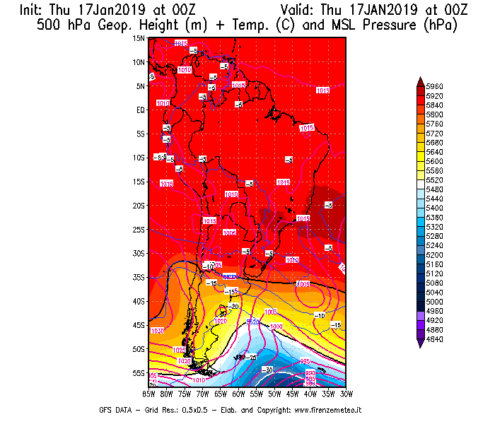 Mappa di analisi GFS - Geopotenziale [m] + Temp. [°C] a 500 hPa + Press. a livello del mare [hPa] in Sud-America
							del 17/01/2019 00 <!--googleoff: index-->UTC<!--googleon: index-->
