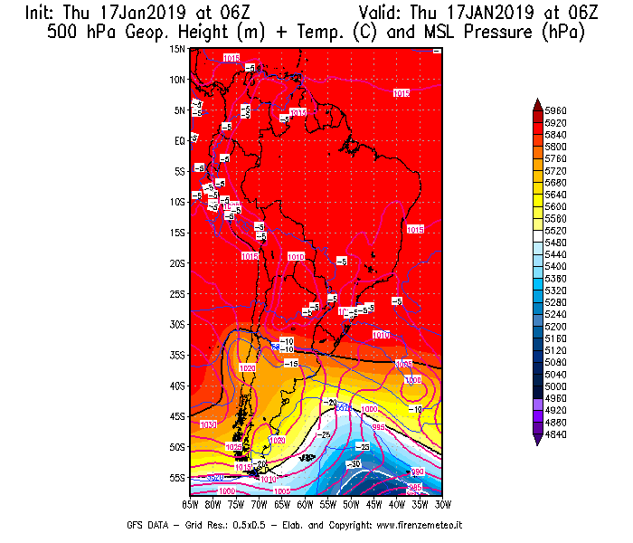 Mappa di analisi GFS - Geopotenziale [m] + Temp. [°C] a 500 hPa + Press. a livello del mare [hPa] in Sud-America
									del 17/01/2019 06 <!--googleoff: index-->UTC<!--googleon: index-->