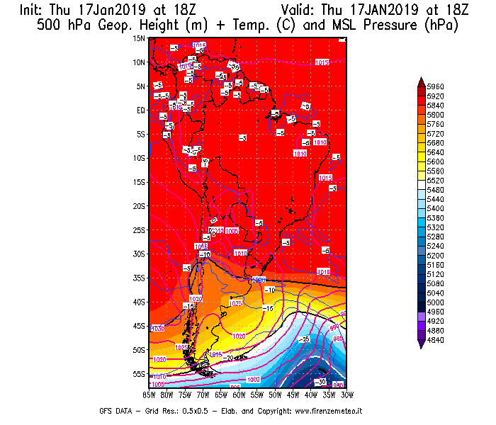 Mappa di analisi GFS - Geopotenziale [m] + Temp. [°C] a 500 hPa + Press. a livello del mare [hPa] in Sud-America
							del 17/01/2019 18 <!--googleoff: index-->UTC<!--googleon: index-->