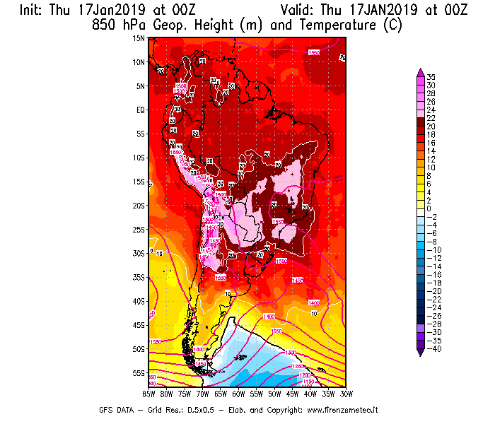 Mappa di analisi GFS - Geopotenziale [m] e Temperatura [°C] a 850 hPa in Sud-America
							del 17/01/2019 00 <!--googleoff: index-->UTC<!--googleon: index-->