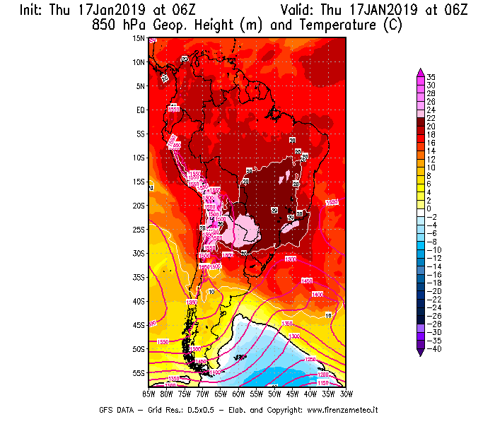 Mappa di analisi GFS - Geopotenziale [m] e Temperatura [°C] a 850 hPa in Sud-America
									del 17/01/2019 06 <!--googleoff: index-->UTC<!--googleon: index-->