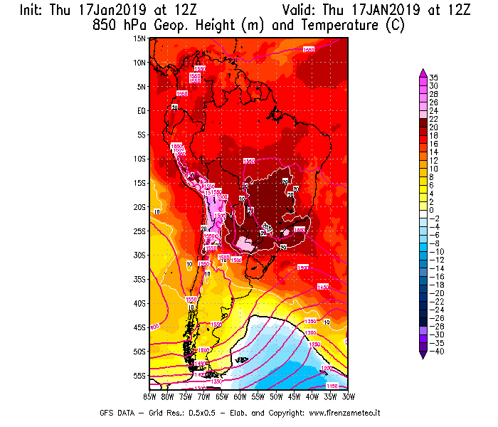 Mappa di analisi GFS - Geopotenziale [m] e Temperatura [°C] a 850 hPa in Sud-America
							del 17/01/2019 12 <!--googleoff: index-->UTC<!--googleon: index-->