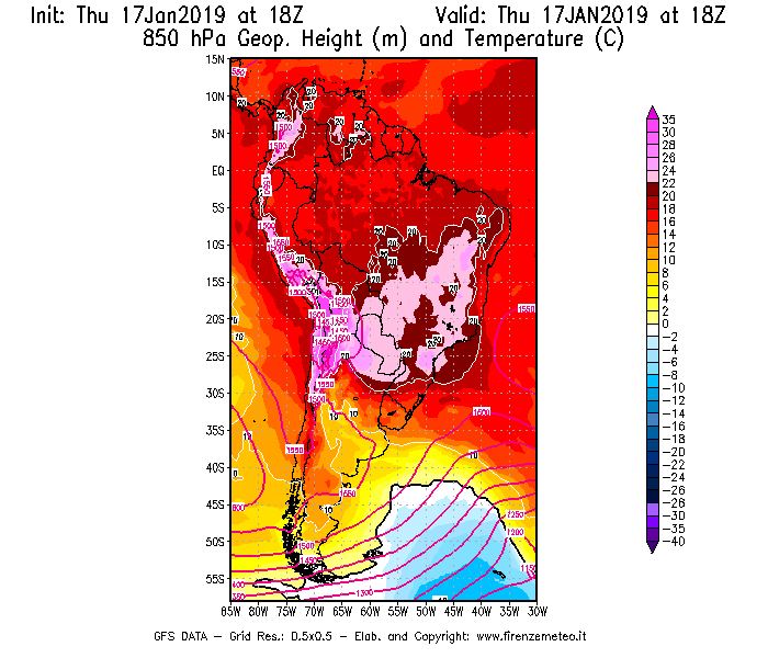 Mappa di analisi GFS - Geopotenziale [m] e Temperatura [°C] a 850 hPa in Sud-America
							del 17/01/2019 18 <!--googleoff: index-->UTC<!--googleon: index-->