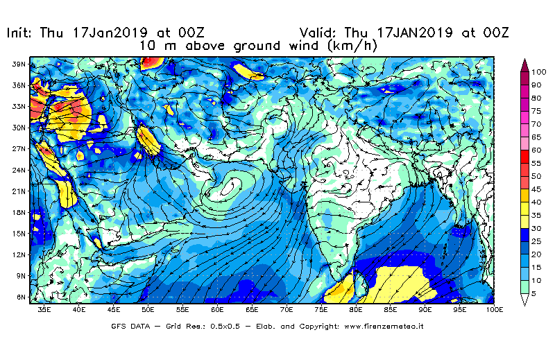 Mappa di analisi GFS - Velocità del vento a 10 metri dal suolo [km/h] in Asia Sud-Occidentale
									del 17/01/2019 00 <!--googleoff: index-->UTC<!--googleon: index-->