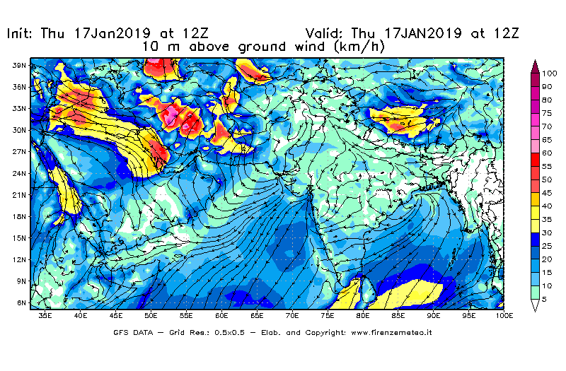 Mappa di analisi GFS - Velocità del vento a 10 metri dal suolo [km/h] in Asia Sud-Occidentale
							del 17/01/2019 12 <!--googleoff: index-->UTC<!--googleon: index-->