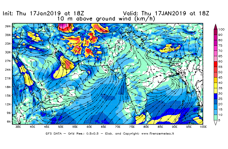 Mappa di analisi GFS - Velocità del vento a 10 metri dal suolo [km/h] in Asia Sud-Occidentale
							del 17/01/2019 18 <!--googleoff: index-->UTC<!--googleon: index-->