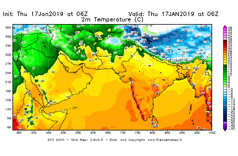 Mappa di analisi GFS - Temperatura a 2 metri dal suolo [°C] in Asia Sud-Occidentale
									del 17/01/2019 06 <!--googleoff: index-->UTC<!--googleon: index-->