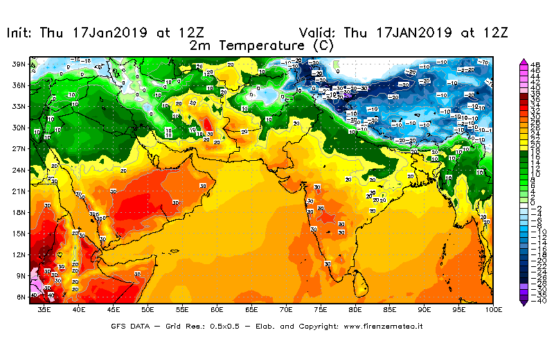 Mappa di analisi GFS - Temperatura a 2 metri dal suolo [°C] in Asia Sud-Occidentale
									del 17/01/2019 12 <!--googleoff: index-->UTC<!--googleon: index-->