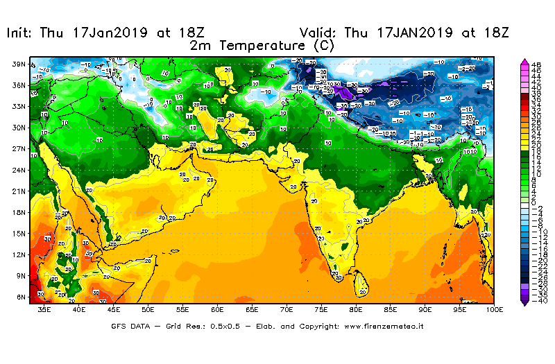 Mappa di analisi GFS - Temperatura a 2 metri dal suolo [°C] in Asia Sud-Occidentale
									del 17/01/2019 18 <!--googleoff: index-->UTC<!--googleon: index-->