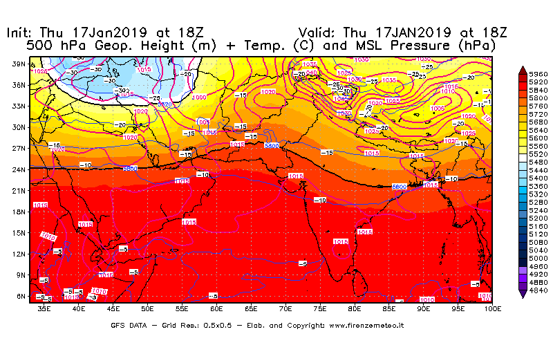 Mappa di analisi GFS - Geopotenziale [m] + Temp. [°C] a 500 hPa + Press. a livello del mare [hPa] in Asia Sud-Occidentale
									del 17/01/2019 18 <!--googleoff: index-->UTC<!--googleon: index-->