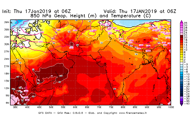 Mappa di analisi GFS - Geopotenziale [m] e Temperatura [°C] a 850 hPa in Asia Sud-Occidentale
							del 17/01/2019 06 <!--googleoff: index-->UTC<!--googleon: index-->