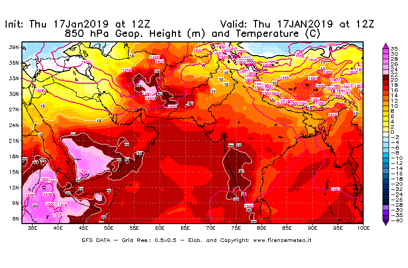 Mappa di analisi GFS - Geopotenziale [m] e Temperatura [°C] a 850 hPa in Asia Sud-Occidentale
							del 17/01/2019 12 <!--googleoff: index-->UTC<!--googleon: index-->