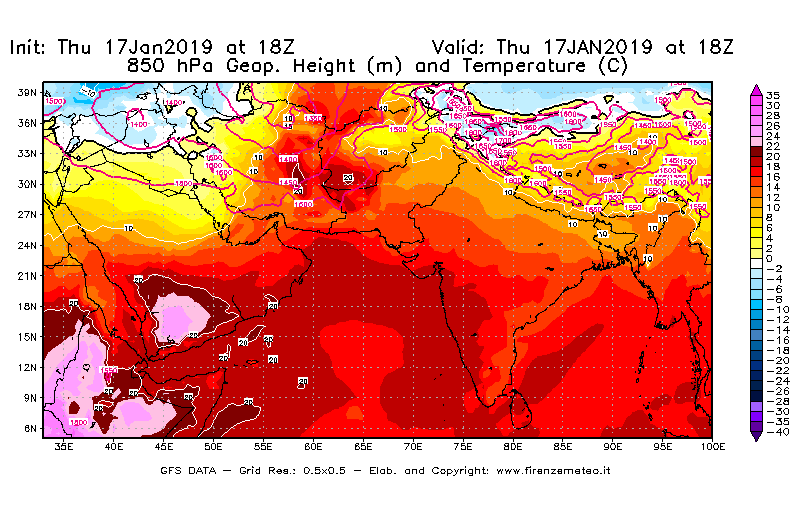 Mappa di analisi GFS - Geopotenziale [m] e Temperatura [°C] a 850 hPa in Asia Sud-Occidentale
							del 17/01/2019 18 <!--googleoff: index-->UTC<!--googleon: index-->