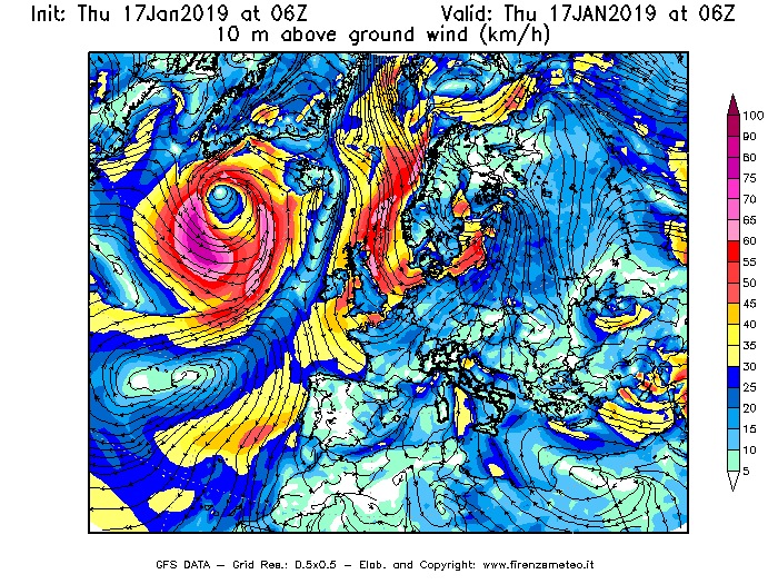 Mappa di analisi GFS - Velocità del vento a 10 metri dal suolo [km/h] in Europa
							del 17/01/2019 06 <!--googleoff: index-->UTC<!--googleon: index-->