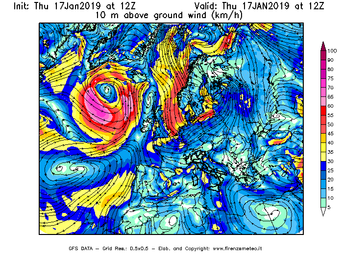 Mappa di analisi GFS - Velocità del vento a 10 metri dal suolo [km/h] in Europa
									del 17/01/2019 12 <!--googleoff: index-->UTC<!--googleon: index-->