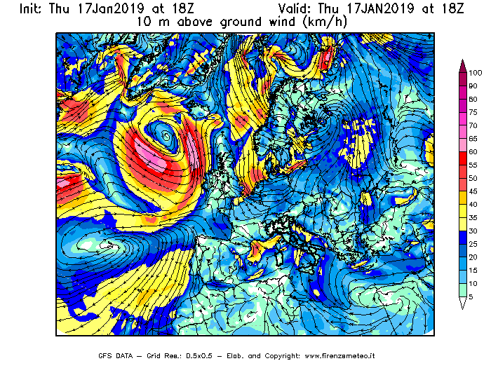 Mappa di analisi GFS - Velocità del vento a 10 metri dal suolo [km/h] in Europa
									del 17/01/2019 18 <!--googleoff: index-->UTC<!--googleon: index-->
